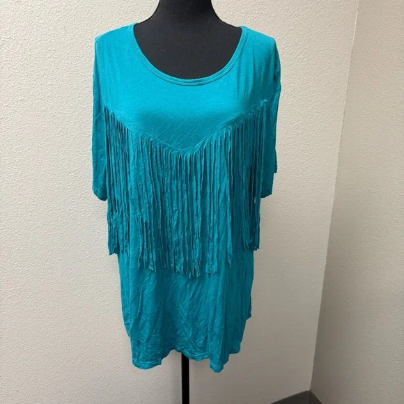 Crazy Train Teal Fringe Western Boho Top Festival Southwest Tee Size L - Picture 2 of 8